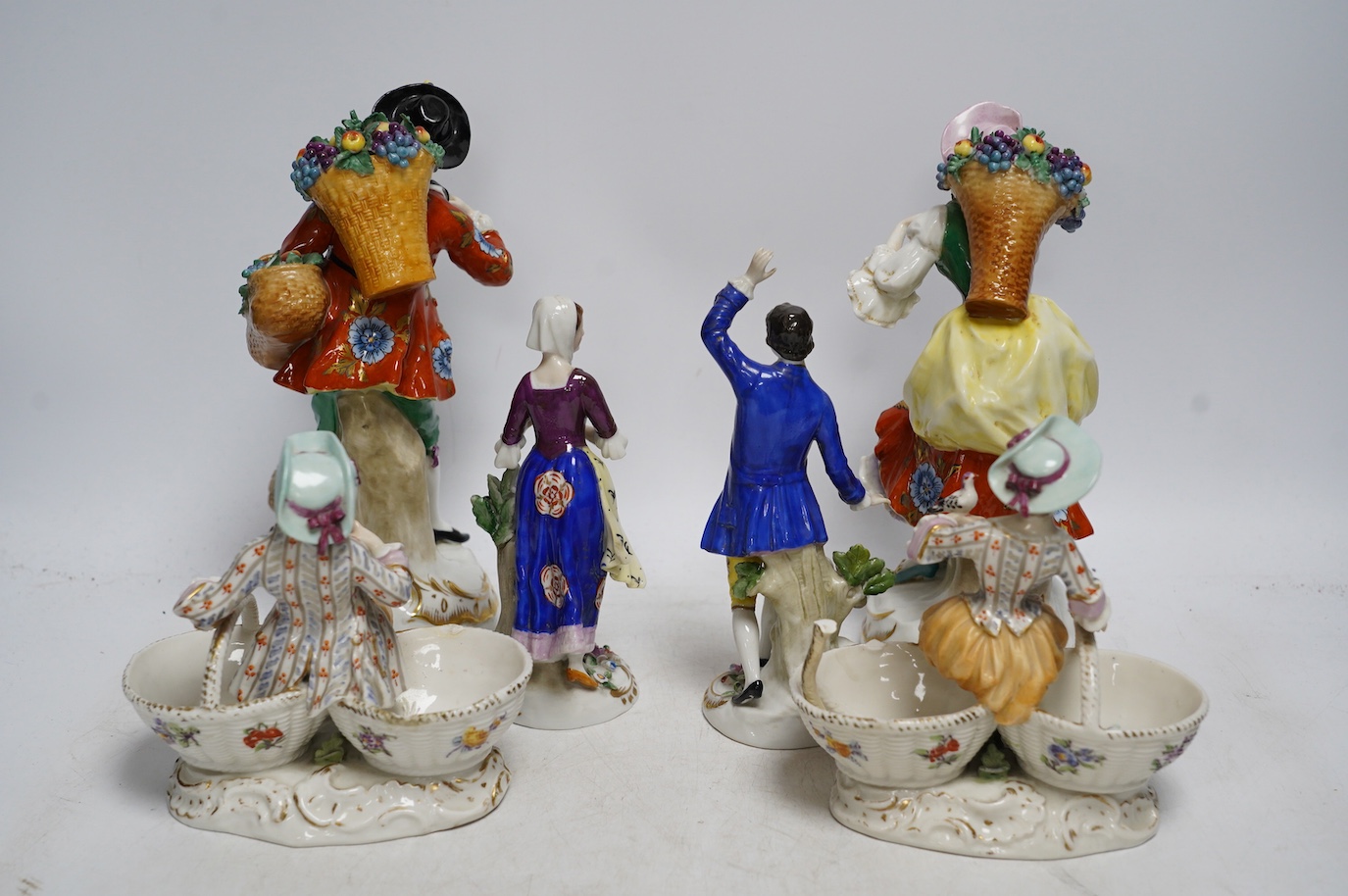 Four Samson porcelain figures and a pair of Dresden ‘children’ salts, tallest 23cm. Condition - salt handle broken